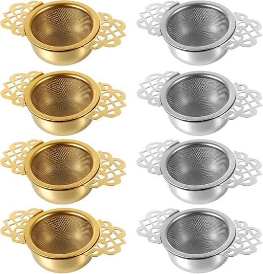 8 Pack Tea Strainer Bowl, 304 Stainless Steel Tea Drain Strainer Tea Filter Mesh Tea Drip Bowls Teapot Strainers With Petal Handles Tea Divider for 2.5-4 Inch Cup Mouth (silver, gold)