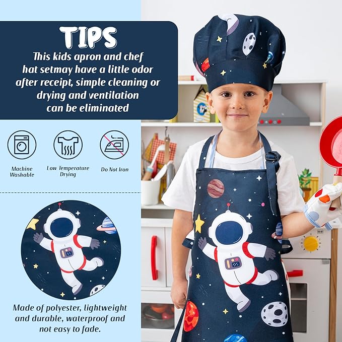 R HORSE Kid Apron and Chef Hat Set - 2Pcs Adjustable Space Astronaut Children Kitchen Apron Dress up Role Play Chef Toy Kid Cooking Gift Birthday Gift for kids Cooking Baking Painting and Training