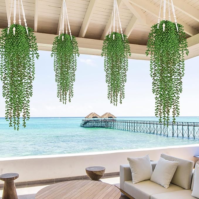 Waipfaru 4Pcs Artificial Hanging Plants for Outdoors, Fake Vines Greenery | UV Resistant Faux Outdoor Plants Ivy Vines for Modern Boho Patio Outdoor Indoor Party Wall Porch Gazebo Aesthetic Decor
