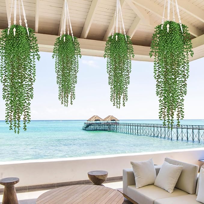 Waipfaru 4Pcs Artificial Hanging Plants for Outdoors, Fake Vines Greenery | UV Resistant Ivy Artificial Plants Outdoor Faux Plants Indoor Bedroom Living Room Boho Wall Porch Shelf Decor
