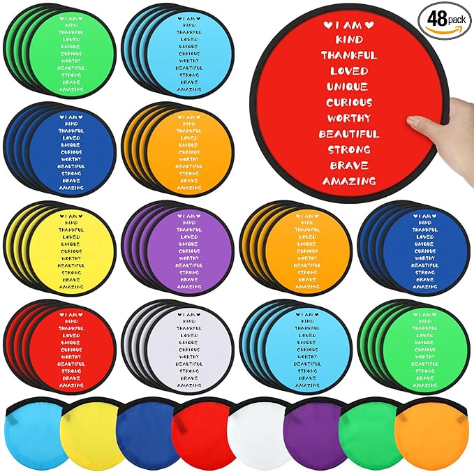Vercraft 48 Pieces End of Year Gift Inspirational Flying Disc Fans Set Motivational Beach Fun Foldable Hand Fan with Bag for Students Summer Birthday Outdoor Activity Game School Prizes Party, 8 Color