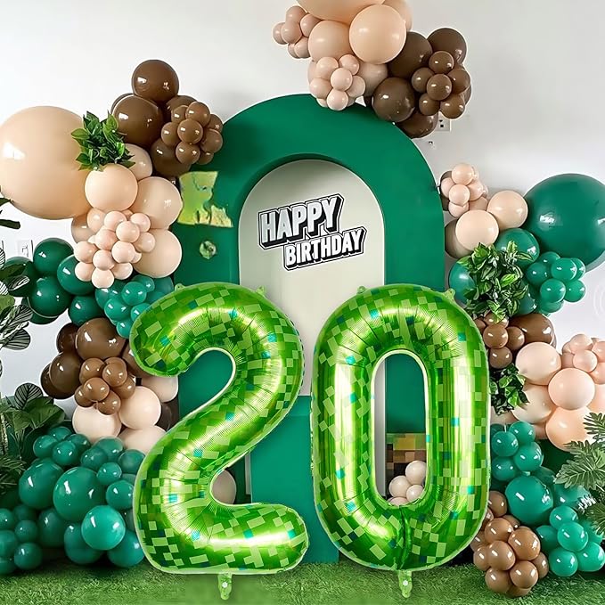 Gaint Green Pixel Number 20 Balloon, Dark Kelly Green Self Inflating 20 Balloons Number, 40 Inch Pixel Foil 20 Balloon for Boys Men 20th Birthday Party Video Game Forest Golf Patrick's Day Decorations