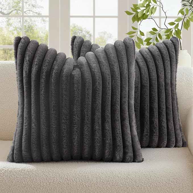 decorUhome Fall Faux Fur Throw Pillow Covers 18x18 Set of 2 Dark Grey | Decorative Soft Cozy Striped Plush Modern Farmhouse Boho Couch Pillow Cases Velvet Back for Sofa Bed Living Room Home Decor