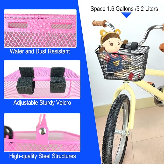 Kids Bike Basket - Front Bicycle Basket for Children, Metal, Cute Decorative Accessory for Kids Bikes & Scooters