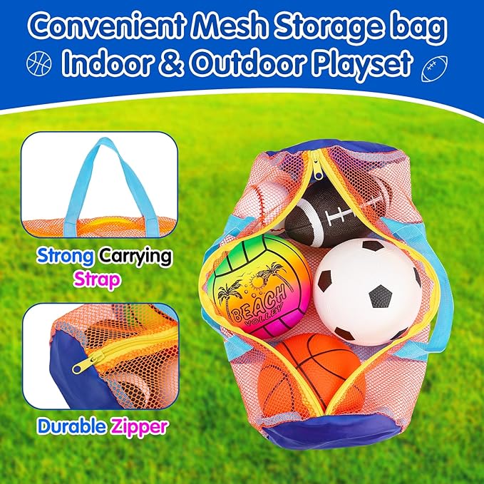 5 Pack Sports Balls Set for Kids with Bag Balls for Toddlers 1-3 Football Soccer Basketball Baseball Volleyball Outdoor Toys Sport Bouncy Playground Kickball Hand Pump Outside Toddler 1-3 2-4 3-5 Gift