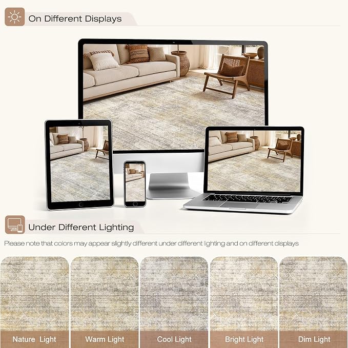 cotiled Washable Area Rugs 6x9 Living Room | Non Slip Backing, Stain Resistant, Pet Friendly, Large Neutral Soft Indoor Carpet For Bedroom, Nursery, Office, Gold/Brown