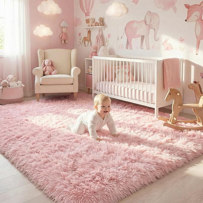 Amdrebio Pink Fluffy Shaggy Kids Area Rug 3x5 for Girls Bedroom Classroom | Shag Plush Furry Fuzzy Carpet, Nursery Preppy Dorm Playroom Decor, Cute Princess Aesthetic, Baby Toddler Corner, Rectangle