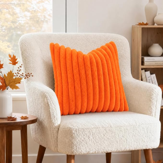 decorUhome Fall Faux Fur Throw Pillow Covers 18x18 Set of 2 Orange | Decorative Soft Cozy Striped Plush Modern Farmhouse Boho Couch Pillow Cases Velvet Back for Sofa Bed Living Room Home Decor