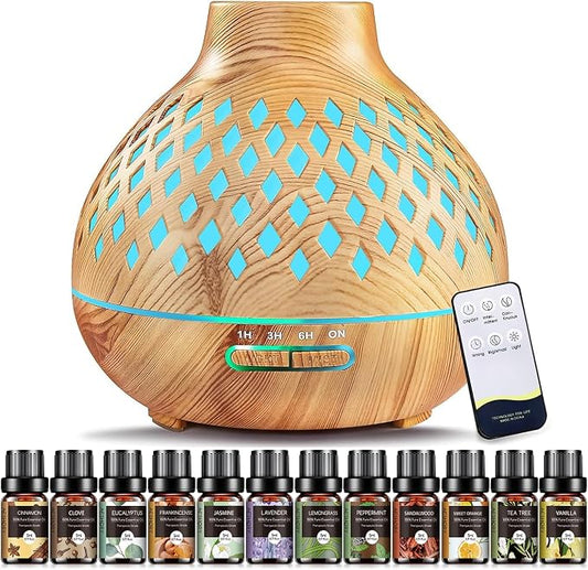 Aeshory Aromatherapy Diffuser & 12 Essential Oils Set, 550ML Aromatherapy Diffuser for Home, Ultrasonic Cool Mist Humidifier with Remote Control 4 Timer 7 Color LED Light, Waterless Auto Off, Light