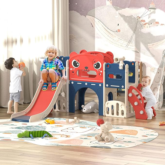 NYEEKOY 9-in-1 Toddler Slide and Climber Playset Freestanding Indoor Outdoor Kids Slide for Age 1-8, Backyard Playground with Basketball Hoop,Telescope,Storage Space