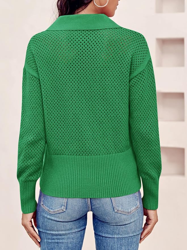Doshoop Womens Summer Crochet Sweaters Long Sleeve Hollow Out Knit Half Zip Lapel Collar Pullover Tops