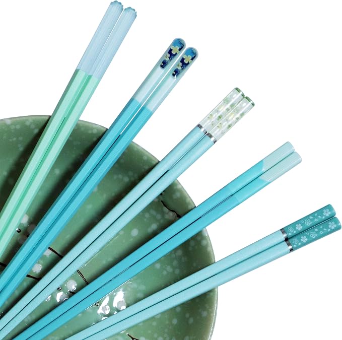5 Pairs Blue Green Fiberglass Chopsticks Reusable Chopsticks Japanese Korean Chinese Non-Slip Chopsticks Dishwasher Safe, 9.6 Inches Long