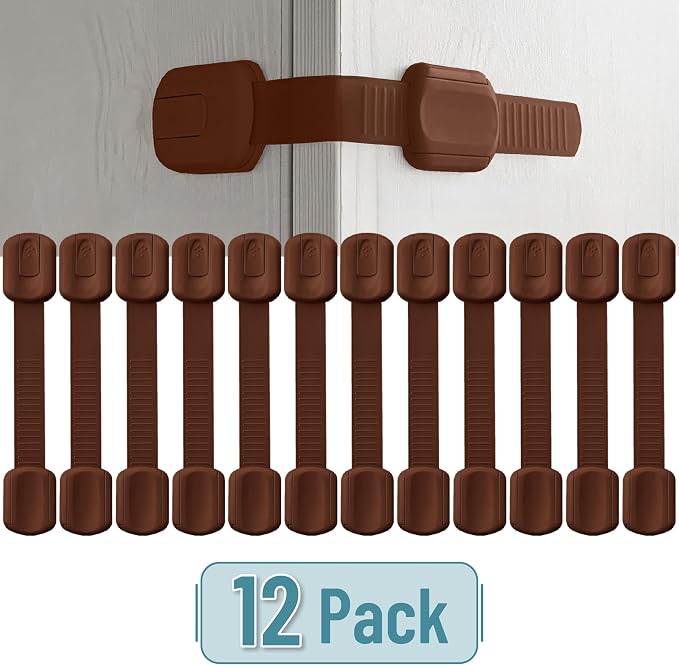 Bates- Child Safety Strap Locks, 12 Pack, Brown, Child Locks for Cabinets and Drawers