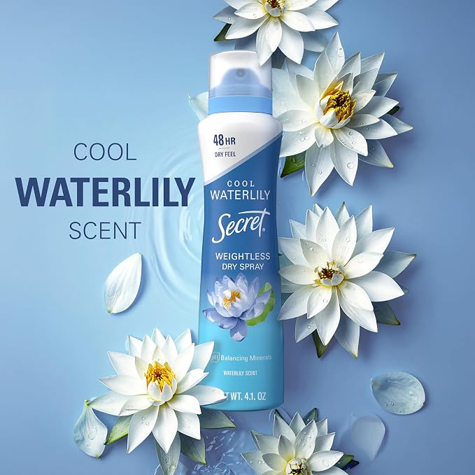 Secret Dry Spray Antiperspirant Deodorant for Women, 48hr Weightless Sweat & Odor Protection, Gentle on Skin, Waterlily & Argan Oil Scent, 4.1 oz (Pack of 3)