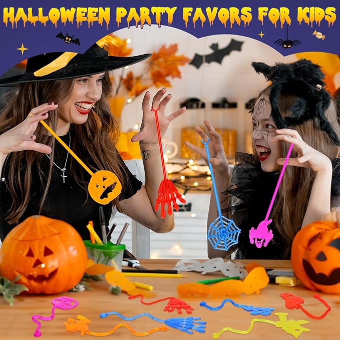 24 PCS Halloween Sticky Hands Party Favors for Kids, Stretchy Spider Sticky Web Ghost Pumpkins Bats Toys for Trick or Treat Halloween Party Gifts, Goodie Bag Stuffers Fillers, Classroom Prizes
