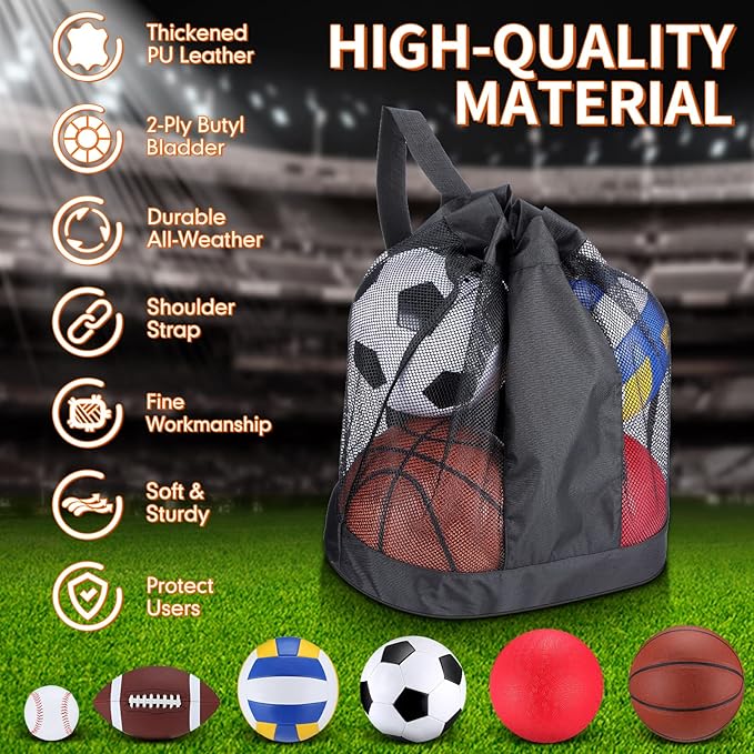 Libima 6 Pcs Multi Sport Ball Set Gift Official Size Football, Basketball, Soccer, Volleyball, Playground Ball, Baseball with Outdoor Sports Equipment Bag Pump for Christmas Holiday