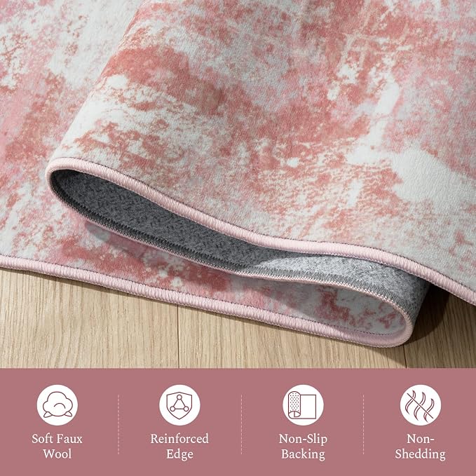 Rugflix 5x7 Area Rugs for Living Room, Washable Pink White Large Rug | Machine Washable; Stain-Resistant; Low Pile; Non-Slip; Modern Abstract; Carpet for Bedroom Dining Office Nursery Home
