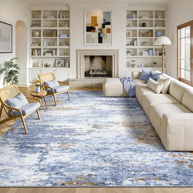 9x12 Area Rug for Living Room, Abstract Washable Large Rugs, Light Blue | Neutral Carpet for Bedroom, Dining Room, Home Office Nursery, Indoor, Stain Resistant, Low Pile, Non-Slip, Modern Rug