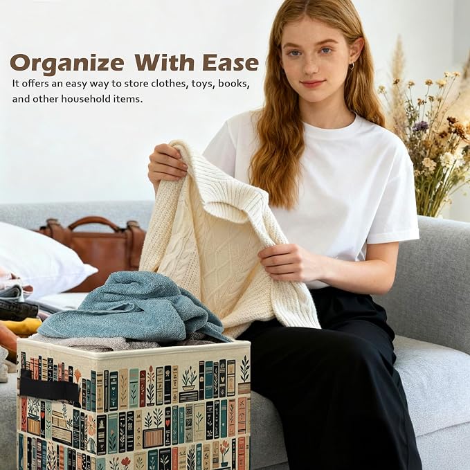 Vintage Floral Book Storage Box Bins, Reading Lover Bookish Bookworm Gifts Collapsible Storage Basket Organizer for Reading Nook Corner Room Library Home Clothes Books