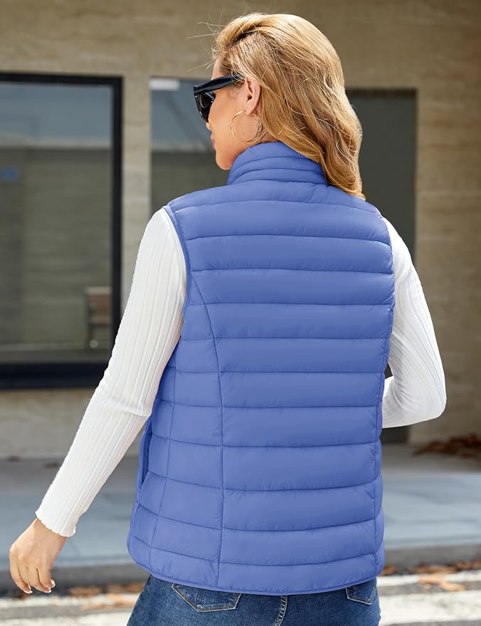 MAGCOMSEN Women's Puffer Vest Lightweight Stand Collar Zip 4 Pockets Puffy Vests Sleeveless Quilted Padded Outerwear