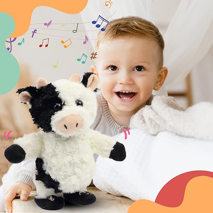 Easfan Walking Cow Repeats What You Say Stuffed Animal Talking Singing Barking Electric Interactive Plush Toy Funny Cattle Birthday for Kids Toddlers,8’’