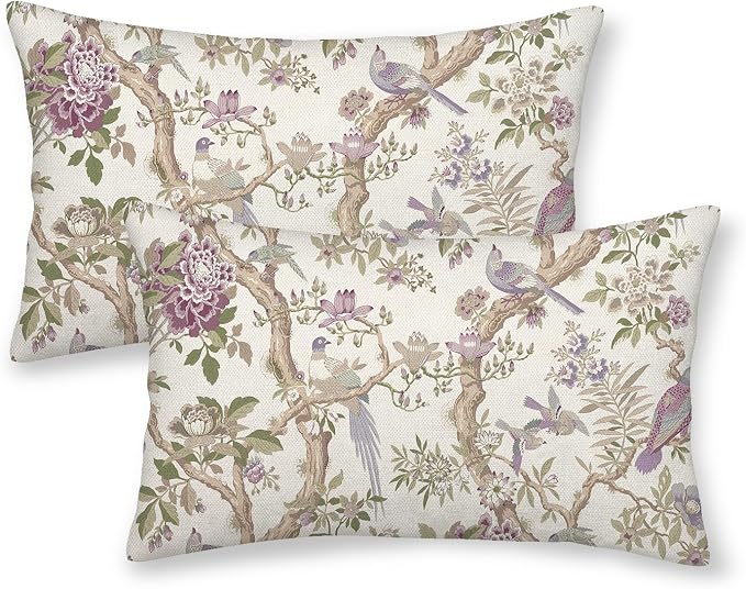 Chinoiserie Pillow Covers 12x20 Inch Set of 2 Purple Green Floral Bird Throw Pillows Vintage Flowers Bird Decorative Pillow Cases Outdoor Lumbar Decor Farmhouse Cushion Cases for Couch Sofa