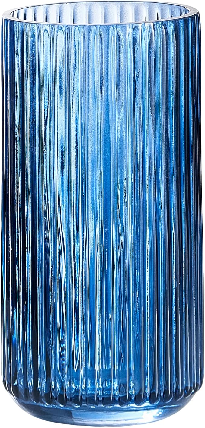7.5 inch Blue Glass Flower Vase for Pampas Grass, Medium Decorative Centerpiece Ribbed Vase for Dining Table, Office Desktop, Shelf Bookshelf, Mantel, Entryway, Bathroom, Countertop,Gift