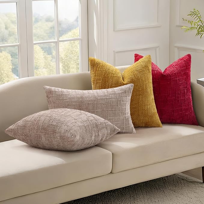 decorUhome Textured Chenille Throw Pillow Covers 16x16 Set of 2 Red | Fall Modern Farmhouse Soft Cozy Slubby Couch Pillow Cases Boho Decorative Pillow Cases for Bed Sofa Living Room Home Decor