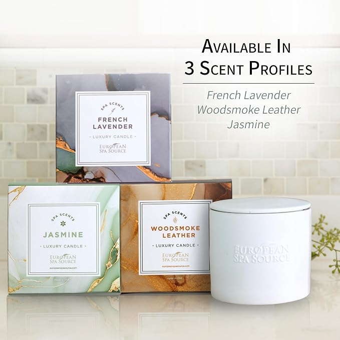 European Spa Source Woodsmoke + Leather Luxury Candle for Aromatherapy, Soy Wax Candle, Hand Poured, At Home Spa Experience Promoting Relaxation, 45 Hours of Burn Time