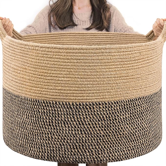 INDRESSME XXXLarge Woven Wicker Blanket Basket Living Room Black Jute, 90L | Wicker baskets for organizing shoe, dog toys & pillows. For living room bedroom or nursery decor. soft-touch with handles