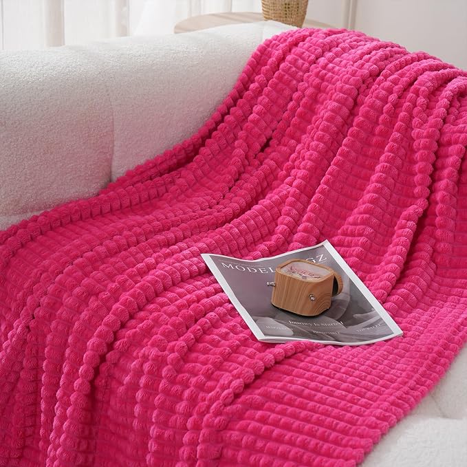 Puncuntex Fleece Throw Blanket Hot Pink 60"×80" with Square Grid Design | Super Soft Plush Cozy Flannel Throw Blanket Luxury for Couch Sofa Chair