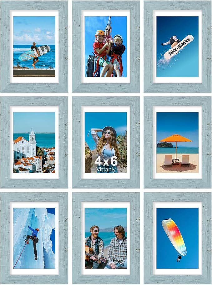 Vittanly 4x6 Picture Frames Set of 9, Wall & Tabletop, Rustic Blue | Display Pictures 3.5x5 with Mat or 4x6 without Mat, Small Photo Frames, Engineered Wood with Shatter Resistant Plexiglass