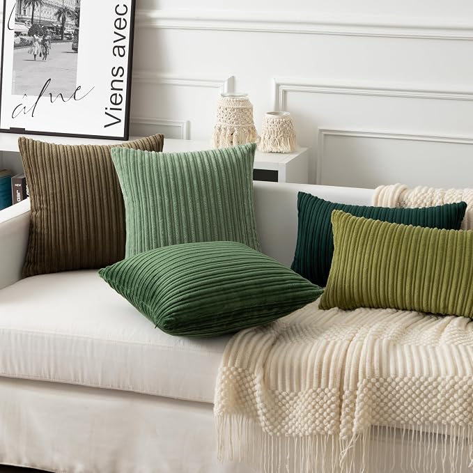 UGASA Christmas Velvet 12x20 Inch Lumbar Soft Throw Pillow Covers Decorative Striped Corduroy Both Sides Rectangular Cushion Cases Boho Farmhouse for Couch Bedroom Sofa Home, Pack of 2, Dark Green