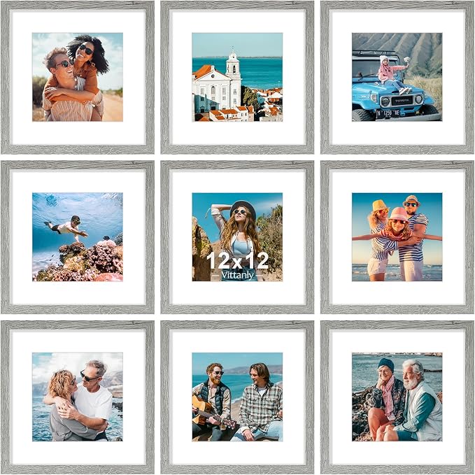 Vittanly 12x12 Picture Frames Set of 9 for Wall Mounting, Grey | Display Pictures 8x8 with Mat or 12x12 without Mat for Wall Mounting, Square Photo Frames for Home Decor, Engineered Wood