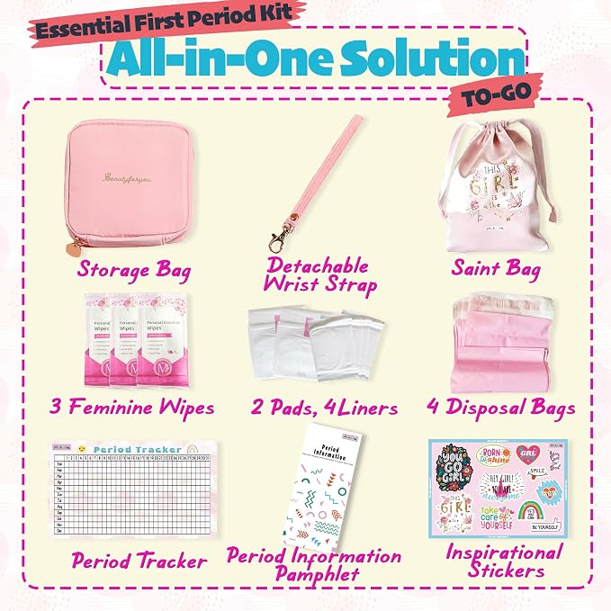 Essential First Period Kit for Girls 10-12 | Period Bags for Teen Girls for School | First Period Gift with Sanitary Pad Storage Bag, Wipes, Period Tracker and More(Pink)