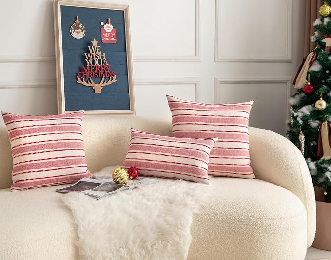 Cethom Christmas Pillow Covers, Boho Textured Red Pillow Case, Pillow Covers 12 x 20 Inch Set of 2 Christmas Decorative, Chair Sofa Bedroom Living Room Home Holiday Decor Cushion Case