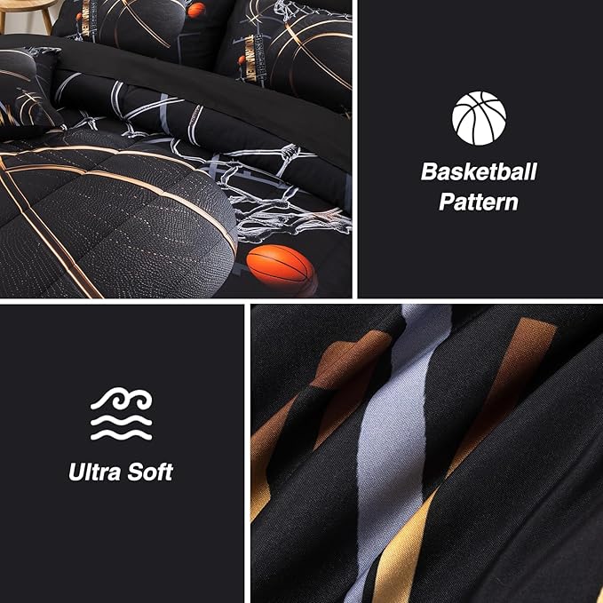 A Nice Night Basketball Court Printed Comforter Sets,with Sportsman Slam Dunk Printing 6Pcs Bedding Set in a Bag for Teen Boys,Twin