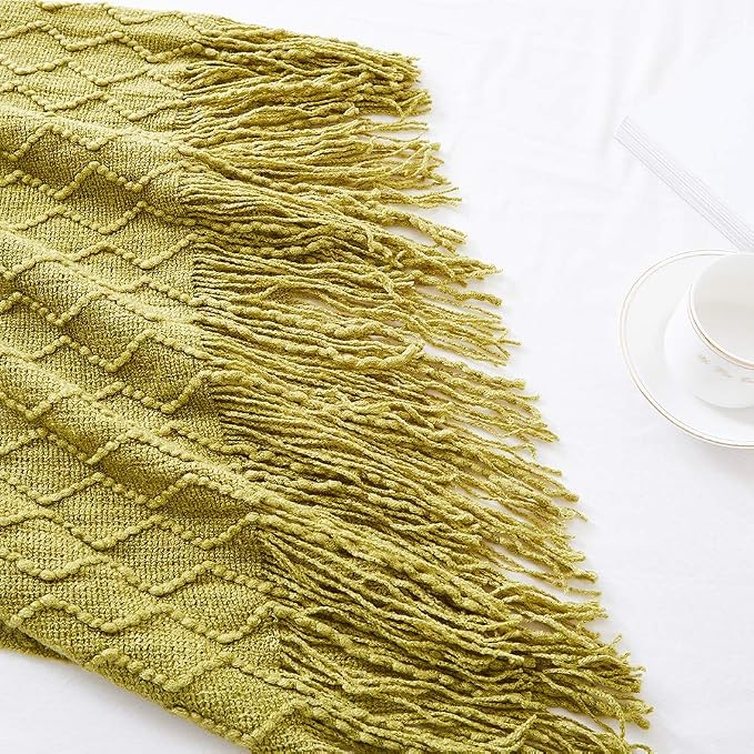 BOURINA Olive Green Throw Blanket 50x60 Inch Knit Soft Throw Sofa Blanket | Knitted Throw Blanket 50x60 Inches, Soft Lightweight Boho Weave Throw Decorative Couch Blanket for Living Room Bedroom Chair