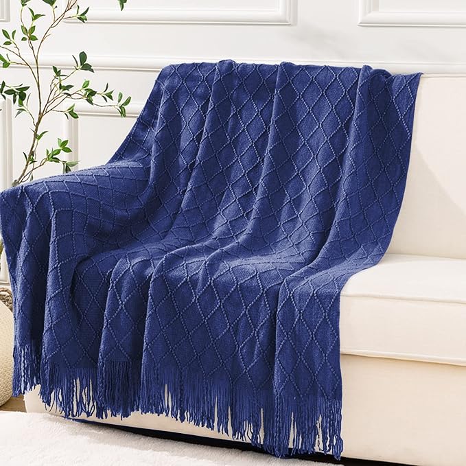 inhand Navy Blue Knitted Throw Blanket for Couch and Bed, 50"x60" | Soft Living Room Home Decor Knitted Blanket, Tassel, Outdoor Lightweight Breathable Summer, Farmhouse Warm Woven Decorative