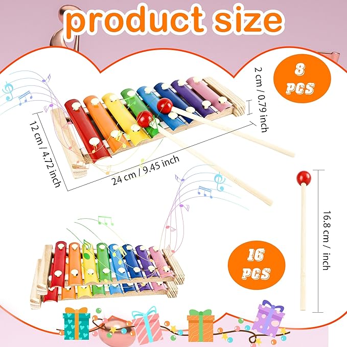 8 Sets Wood Xylophone for Kids Musical Toy Instrument with 16 Pcs Mallets Wooden Percussion Kit for Preschool Toddlers Educational Music Learning