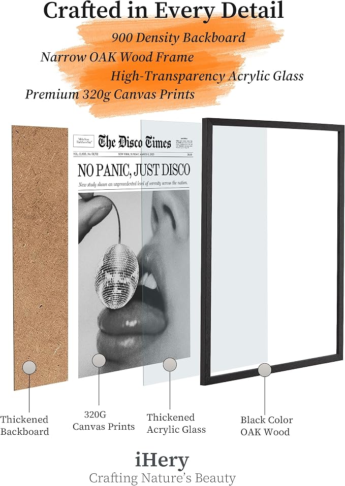 iHery 8x10in No Panic Just Disco Black Framed Newspaper Wall Art | Premium Black Natural OAK Wood Frame with Canvas Print, Retro Disco Ball Decor for Bedroom, Girl Dorm, Living Room 1Pack
