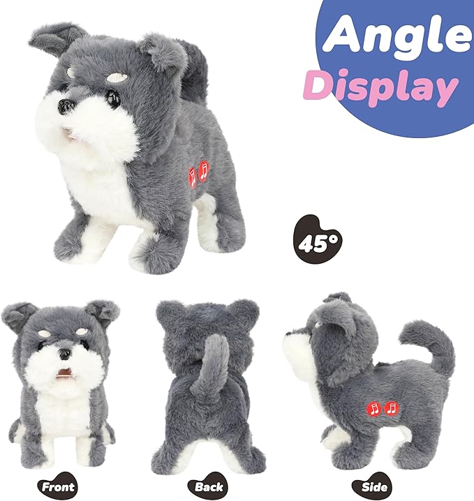 Hopearl Walking Schnauzer Repeat What You Said Interactive Electronic Pet Plush Bark Puppy Toy Animated Singing Speaking Walking Gift for Toddlers Birthday, Gray, 7''