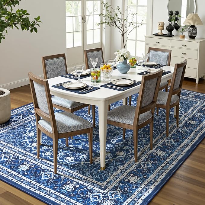 8x10 Area Rugs for Living Room, Washable Non-Slip Rug, Oriental Dark Blue | Area Rugs for Bedroom, Low Pile Large Carpets for Dining Room, Office, Indoor, Stain Resistant Vintage Oriental Print Rug