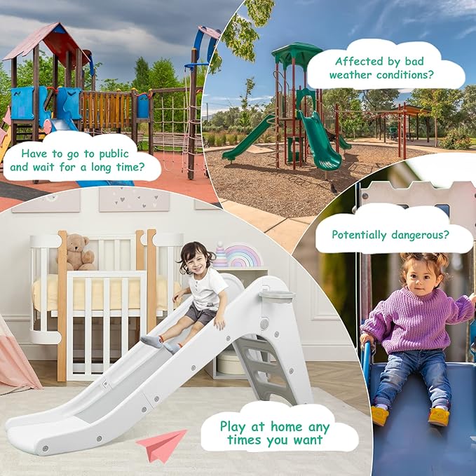 Arlopu Freestanding Kids Slide, Toddler Slide Climber with Basketball Hoop & Ball, Baby Playset w/Long Slope, for Boys and Girls Birthday, Sturdy Playground Toy for Indoor Outdoor (Grey White)