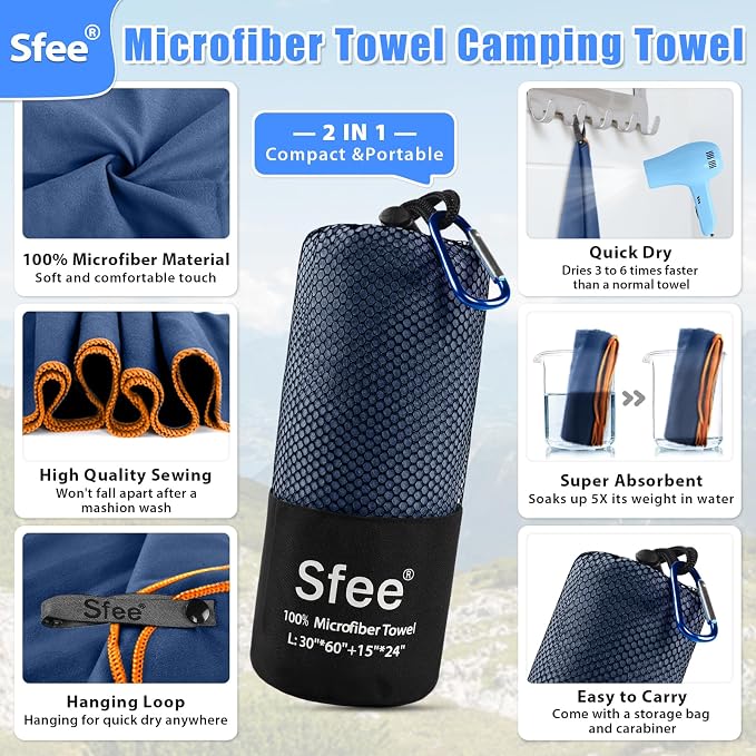 Sfee 4 Pack(8Pcs) Microfiber Travel Towel, Quick Dry Towel Camping Towel Large Beach Towel Super Absorbent Compact Lightweight Sports Gym Towels Set for Beach, Gym, Hiking, Pool, Backpacking,Bath,Yoga