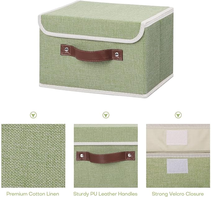 ANMINY Fabric Storage Box Bins with Lids, Green, 10"x8"x7", 2 Pack | Keepsake Memory Storage, Cotton Linen, PP Board Reinforced, Washable, PU Handles, Foldable & Stackable, Decorative, Small