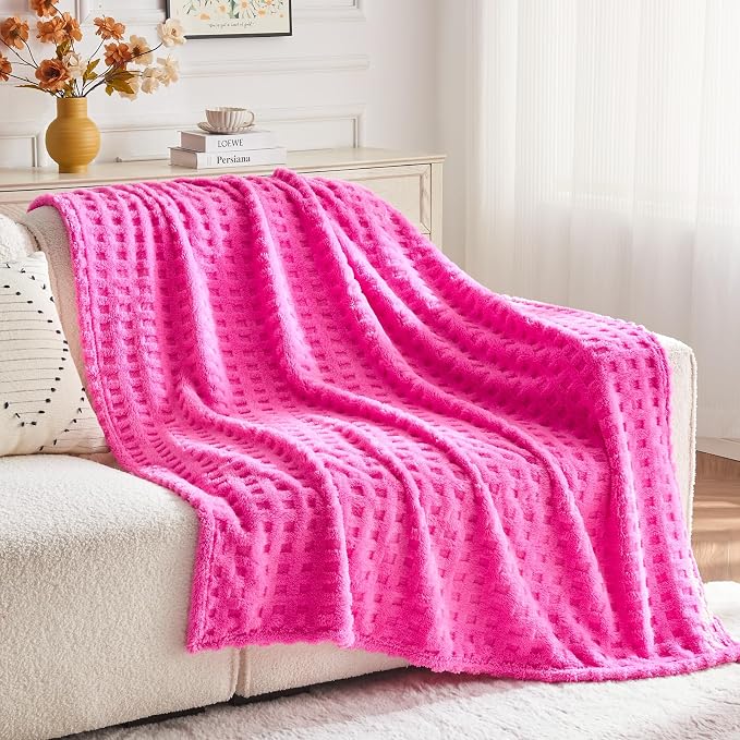 NEWCOSPLAY 3D Waffle Checkered Flannel Twin Blanket, Hot Pink, 60"x80" | Super Soft Cute Lightweight Decorative Premium Silky Fleece Blanket for Couch Sofa Bed, Gift for Women Men, All Season Use