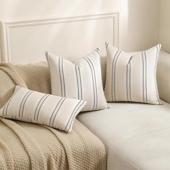 Hckot Throw Pillow Covers 22x22 Set of 2 Striped Pillow Covers Textured Linen Decorative Pillows Square Cushion Covers for Sofa Couch Bed Living Room Farmhouse Decor, Navy Blue