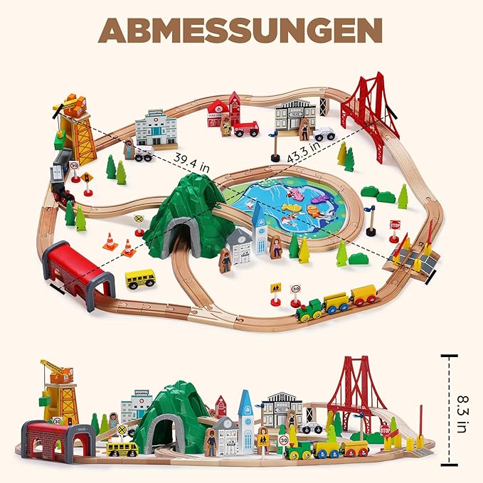 SainSmart Jr. 112-Piece Wooden Train Set for Toddler – Double-Sided Train Tracks, Compatible with Brio, Thomas, Melissa & Doug – Perfect Wood Toy for Boys and Girls