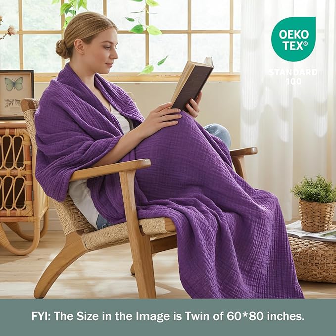 EMME Muslin Blankets for Adults Throw Blanket for Couch Breathable Gauze Soft Lightweight Airy Purple Throw XL 50" x 71"